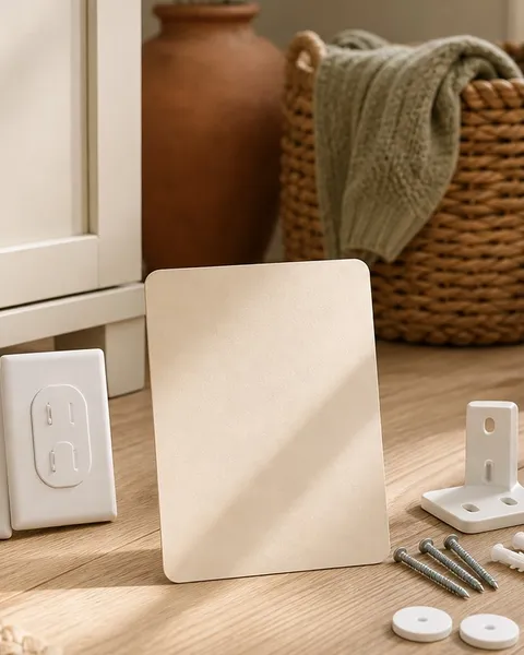 Baby proofing basics arranged in a warm natural family-home scene