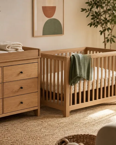 Natural wood convertible crib, nursery dresser, and high chair in a warm nursery