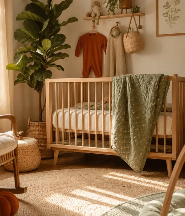 A cozy, sunlit nursery corner with natural wood furniture and plants