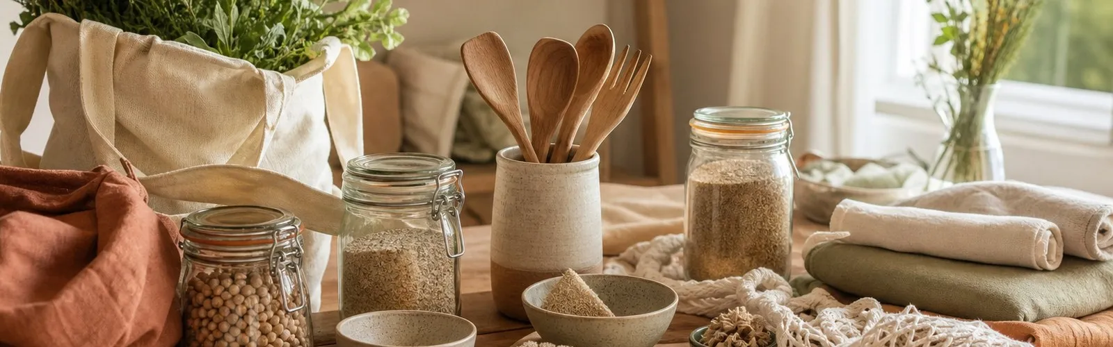 Everyday eco-friendly lifestyle products laid out on a table