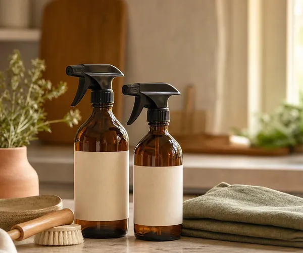 Natural all-purpose cleaner bottles on a kitchen counter
