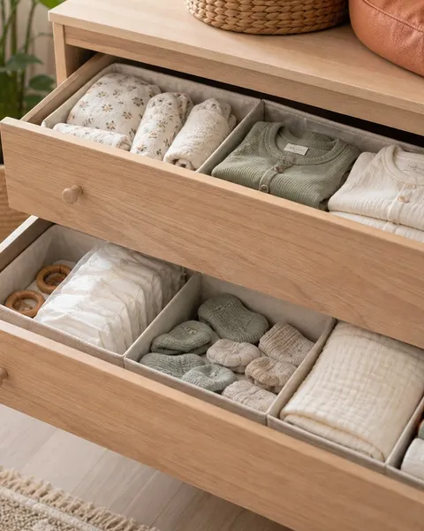Open wooden nursery dresser drawers organized with folded baby clothes and fabric dividers