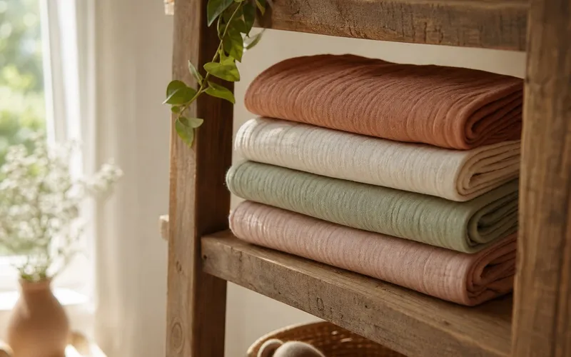 Organic cotton swaddle blankets folded on a nursery shelf